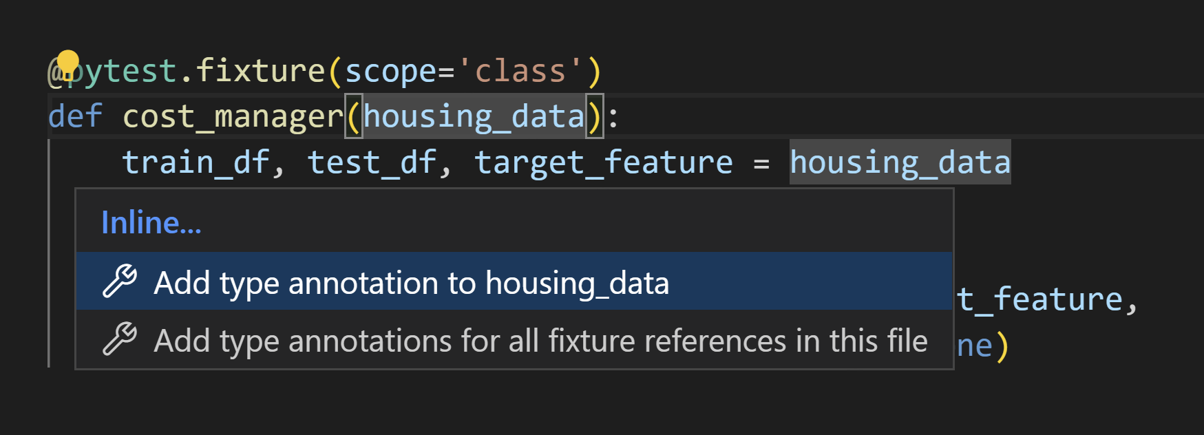 Code action to add type annotation when hoving over a test function with a fixture parameter