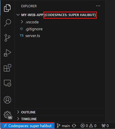 Screenshot of a workspace opened in a codespace, highlighting the codespace name in the File Explorer and Status Bar