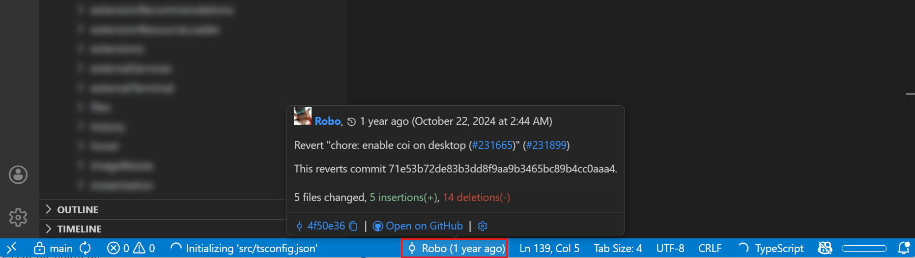 Screenshot of editor gutter indicators showing line changes and a hover showing Git blame information.