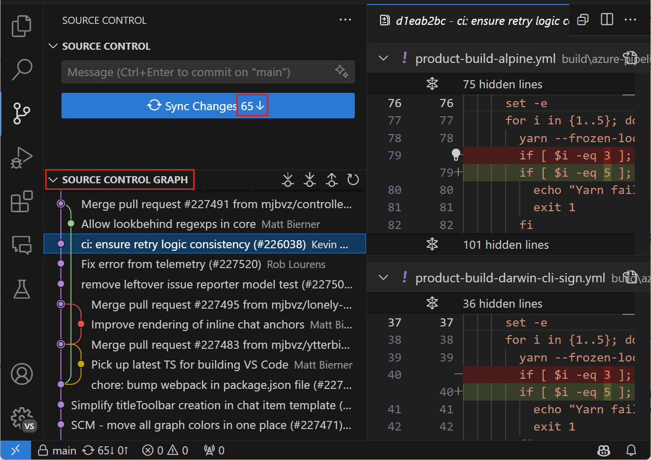 Source control view showing a graph visualization of the incoming and outgoing changes.