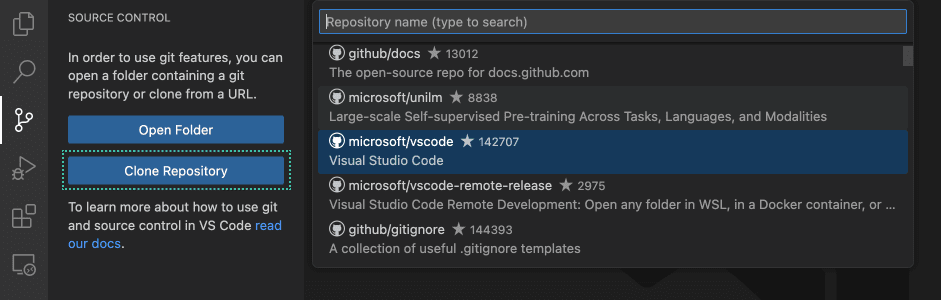 Screenshot of the Clone Repository prompt in VS Code.