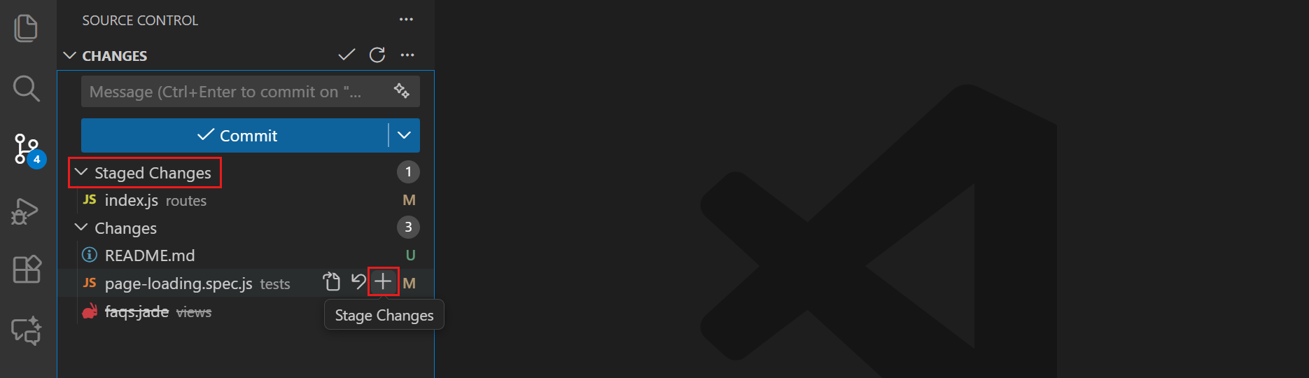 Screenshot of staging changes in the Source Control view.