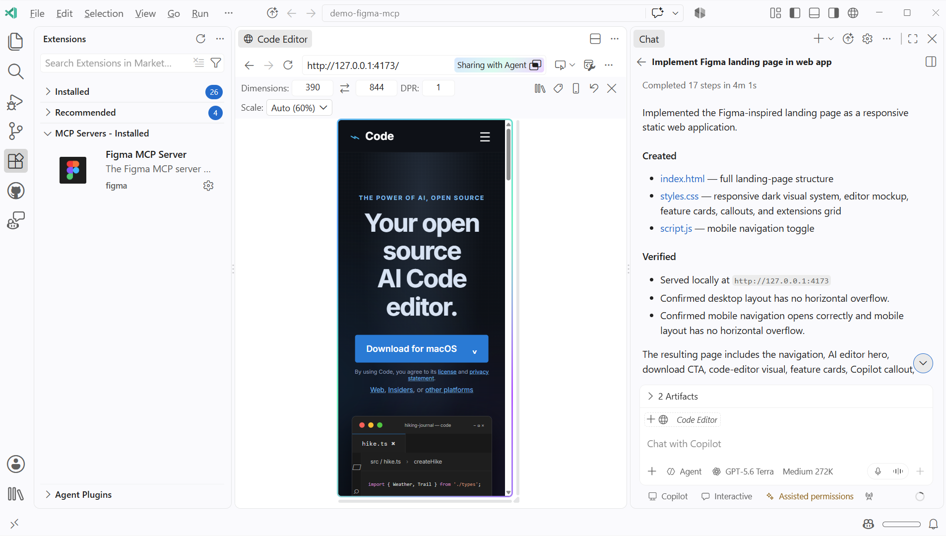 Agent session using the Figma MCP server to implement a mockup from Figma.