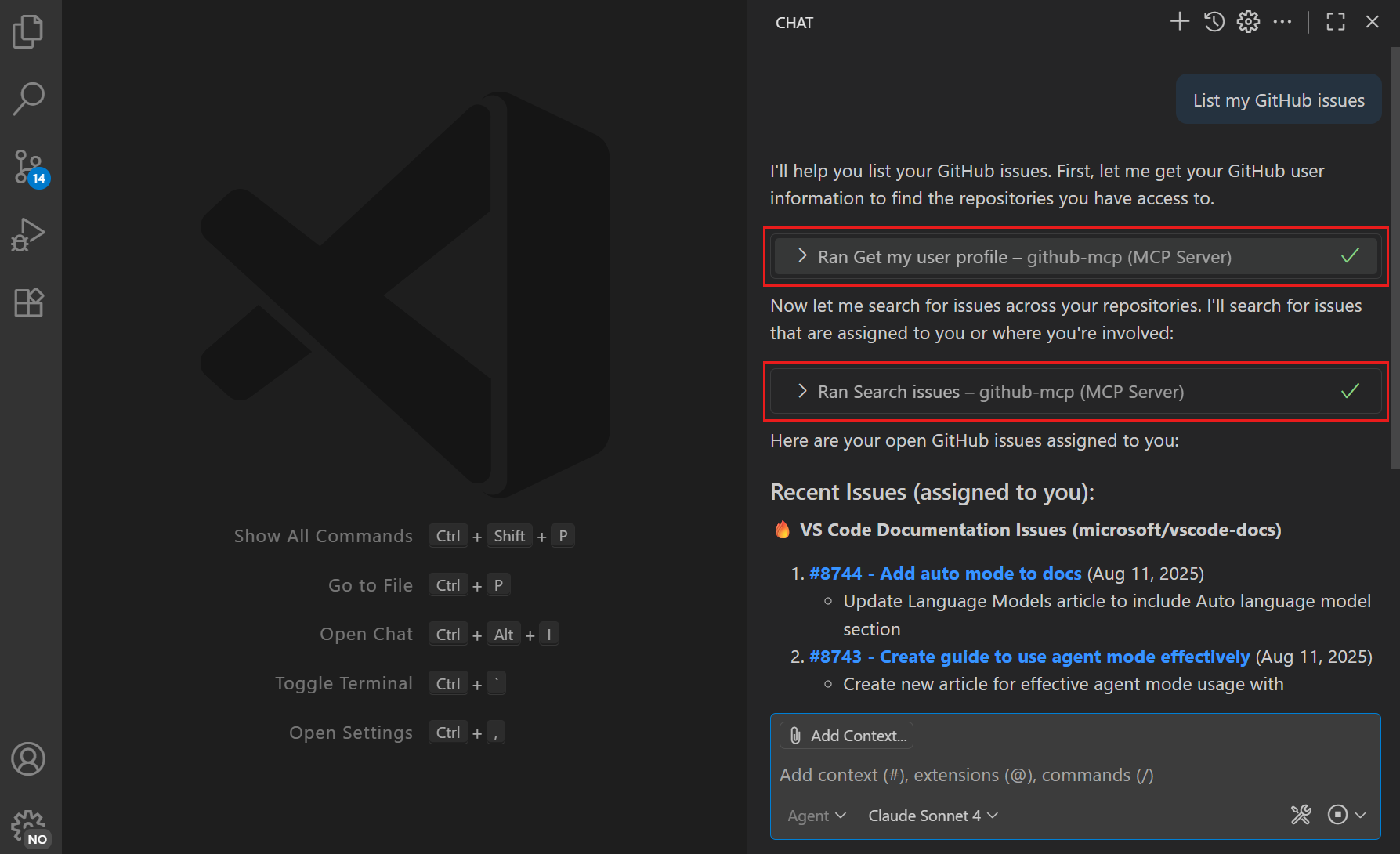 Screenshot showing an MCP tool invocation in chat with the input and output shown.