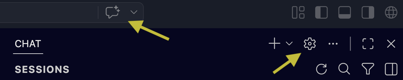 Screenshot of the chat icon and gear icon in the VS Code title bar