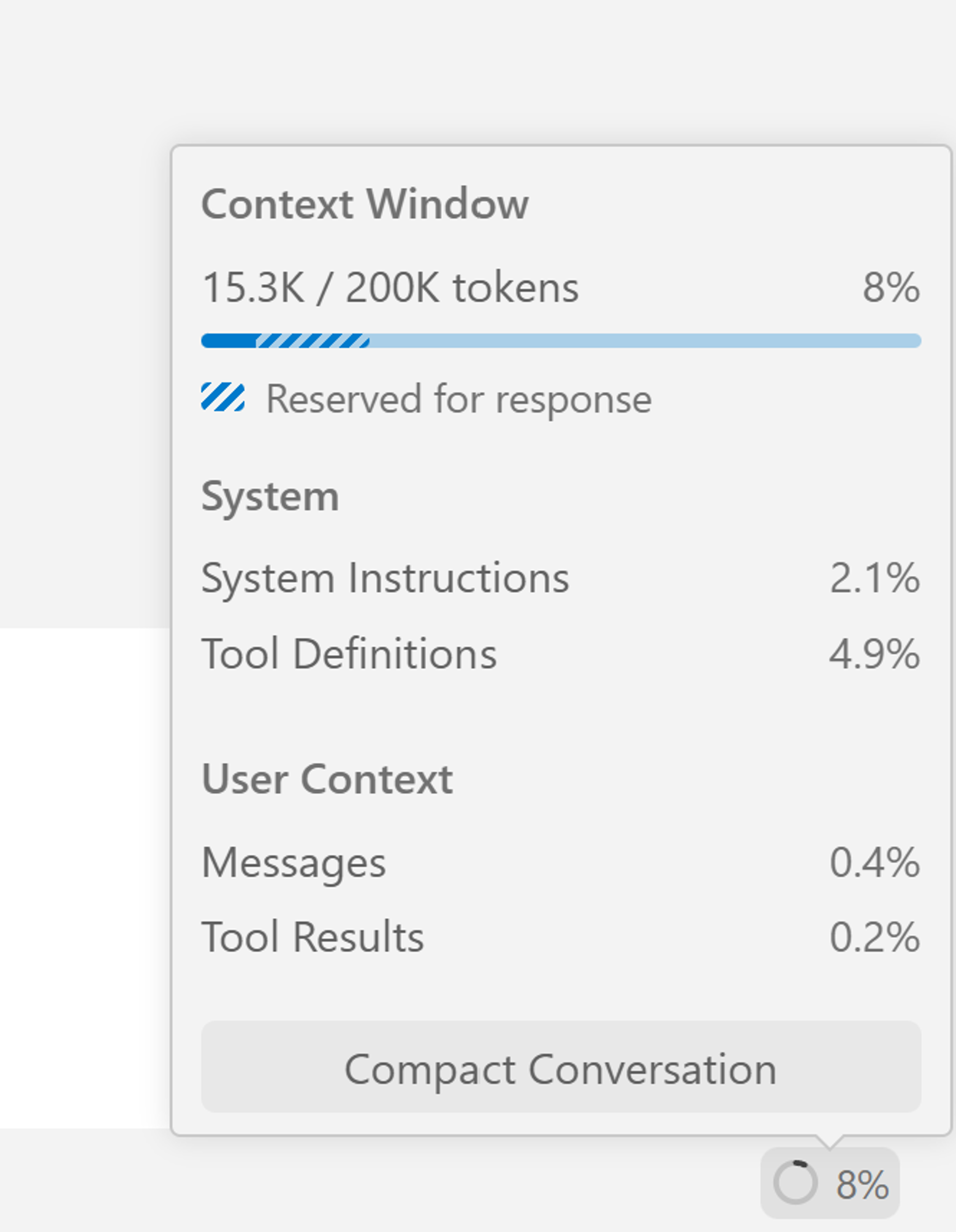 Screenshot showing the context window indicator in VS Code chat with token usage and context breakdown details.