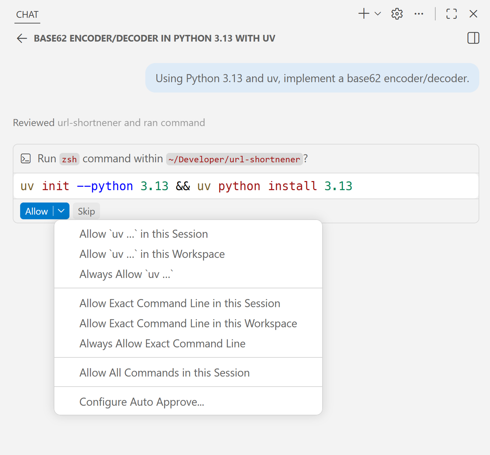 Expanded approvals menu showing approval specificity and scope options in VS Code chat.