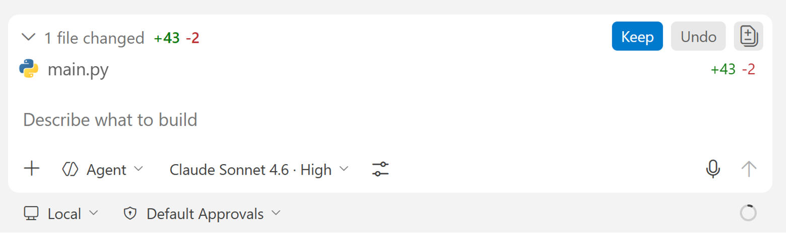 Files changed bar showing the list of agent-edited files in chat