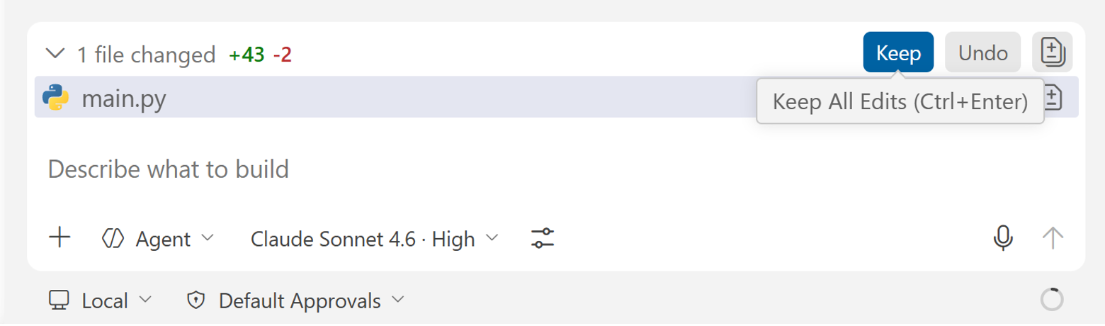 Top-level Keep All controls for accepting all agent changes