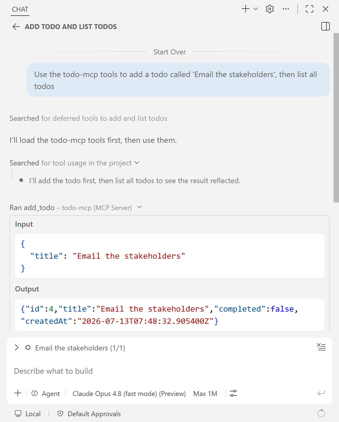 Copilot Chat calling the todo-mcp tools