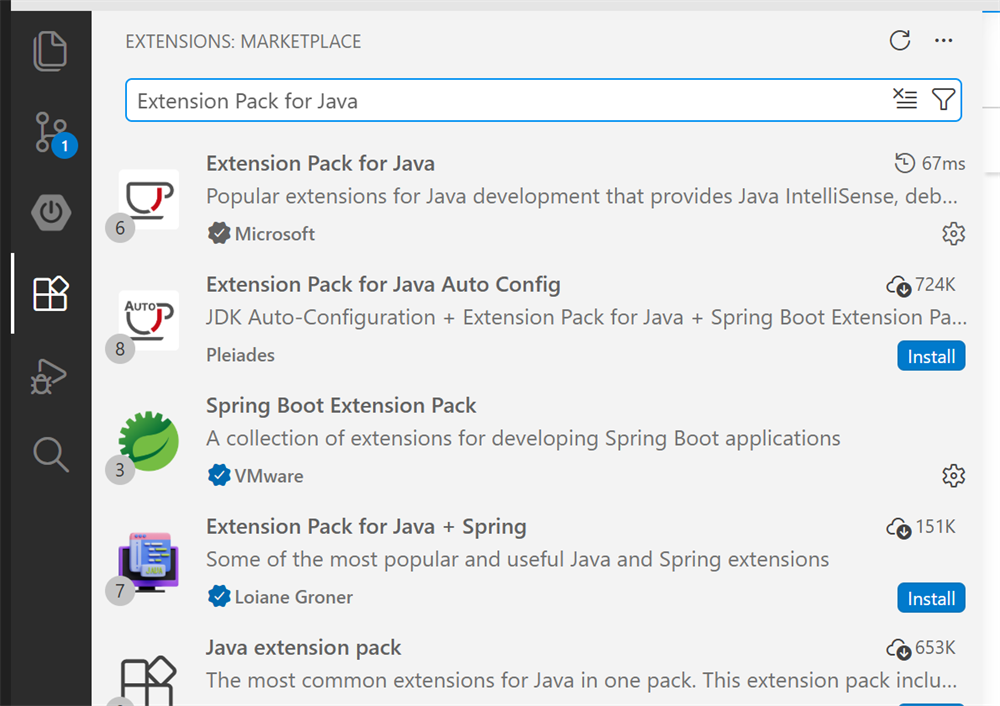 Extensions view with the Extension Pack for Java and the Spring Boot Extension Pack