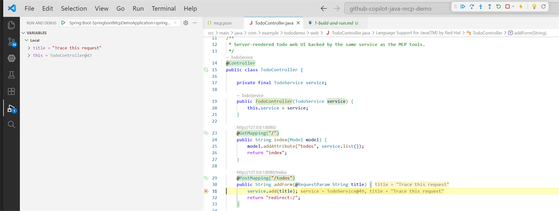 Visual Studio Code paused at the breakpoint, with the Variables panel showing the incoming title