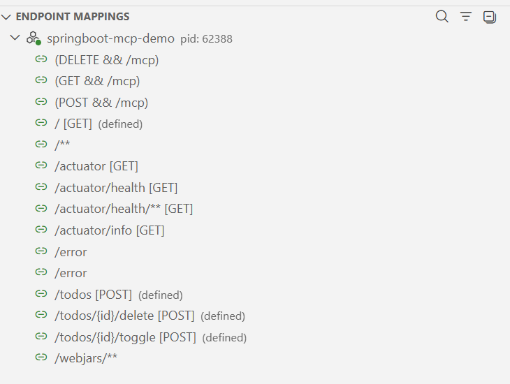 Endpoint Mappings showing all endpoints for the running app