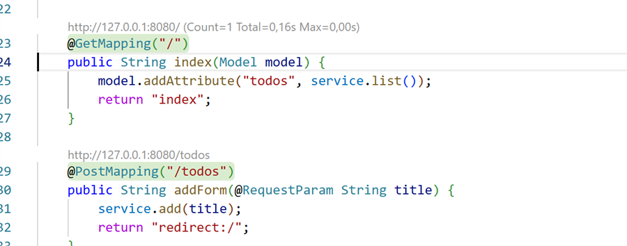 Inline URL hints above the controller mappings