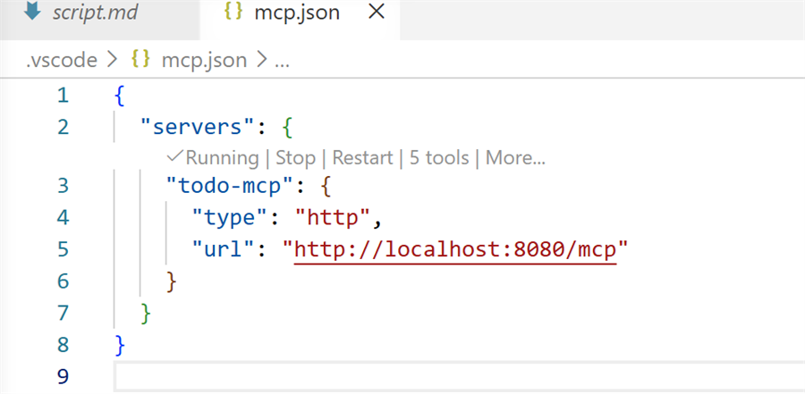 The mcp.json code lens reporting the todo-mcp server as running with five tools