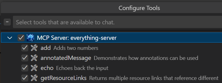 Screenshot of the tools picker, showing one of the MCP servers in the list with a custom icon.