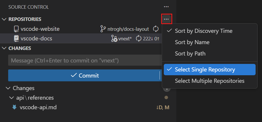 Screenshot showing the Repositories view with single selection mode enabled and the context menu to toggle selection mode.