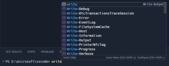 Screenshot of typing "write" in PowerShell will bring up completions starting with the word write.
