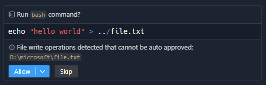 Screenshot showing that writing outside the workspace by default will block auto approval.