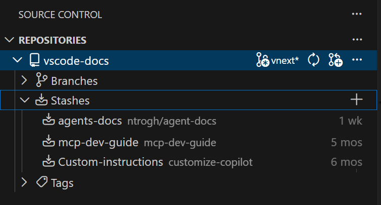 Screenshot of the Source Control Repositories view showing the Stashes node and its context menu.