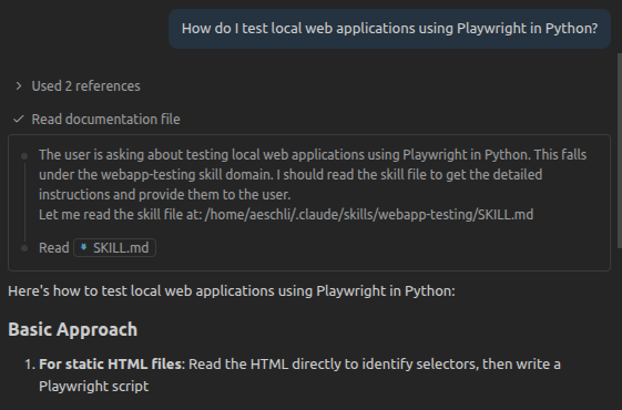 Screenshot that shows reusing Claude skills in chat in VS Code.