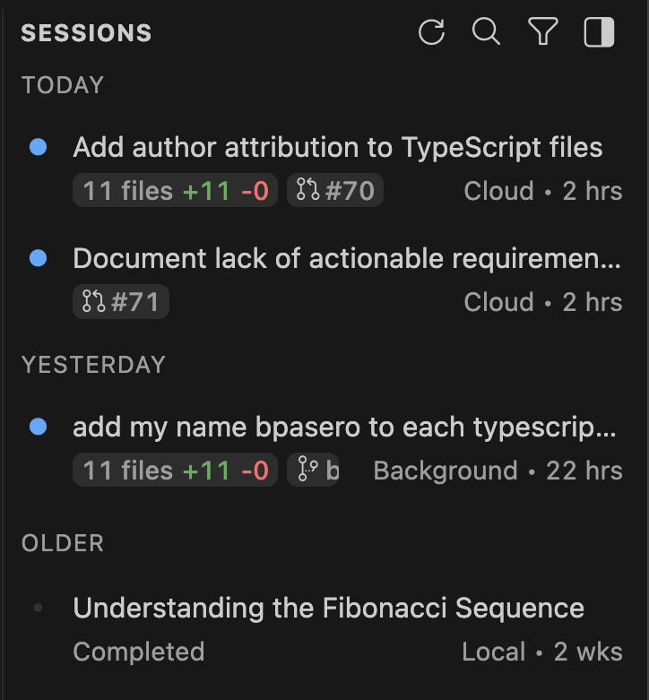 Screenshot of the Agent Sessions view showing changed files and associated pull requests for sessions.
