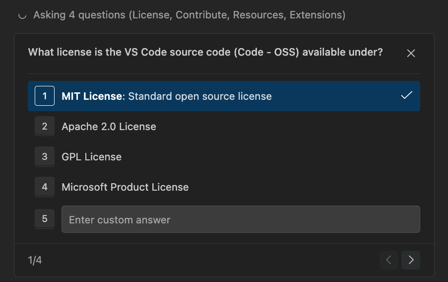 Screenshot showing the Ask Questions tool question carousel with theme type options.