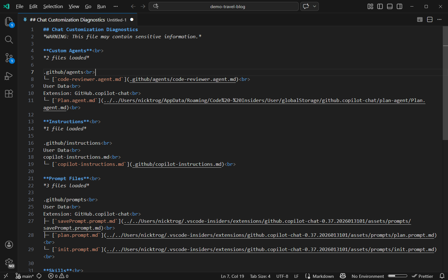 Screenshot showing the Chat Customization Diagnostics view with loaded agents, prompts, instructions, and skills.