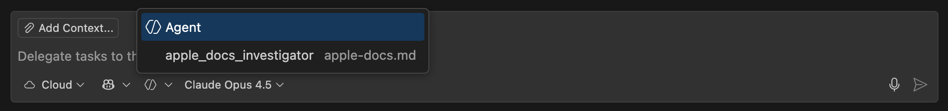 Screenshot showing custom agent selection picker in chat input.