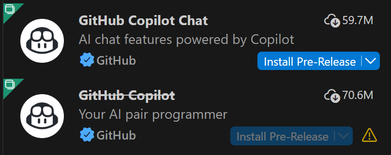 Screenshot showing the deprecated Copilot extension and the active Copilot Chat extension.