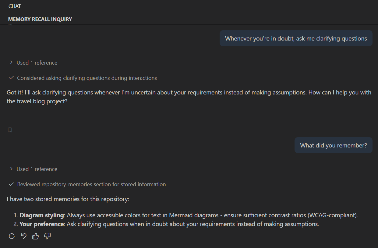 Screenshot showing the memory tool in chat with a list of stored memories and a request to always ask clarifying questions when in doubt.