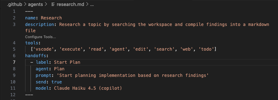 Screenshot showing an agent handoff configuration in an agent file with the model parameter specified.