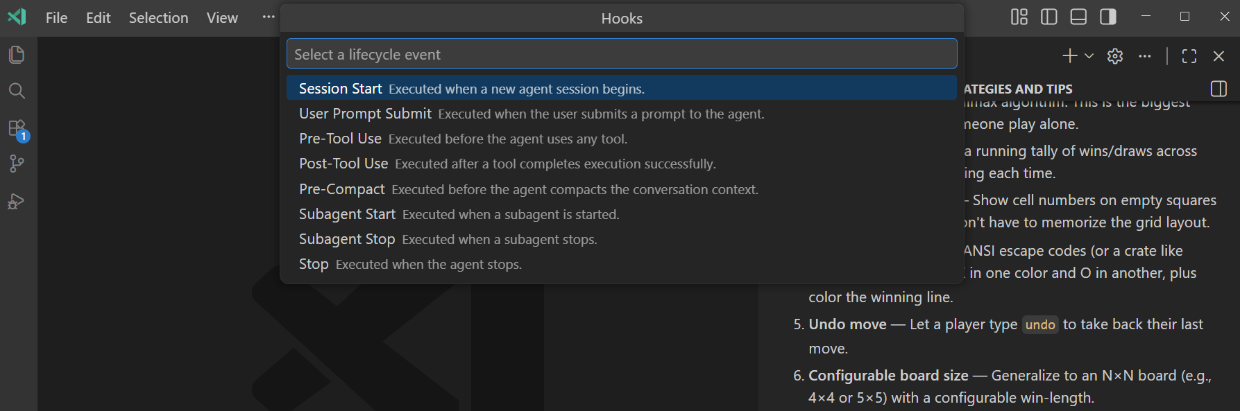 Screenshot showing hook configuration Quick Pick.