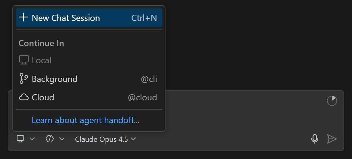 Screenshot showing continuing a session in a different environment using the session type picker.