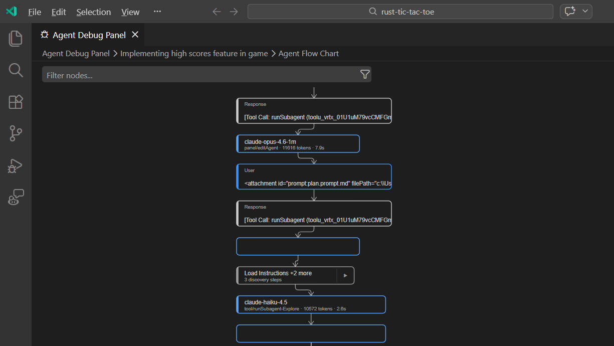 Screenshot showing the flow chart view in the Agent Debug panel.
