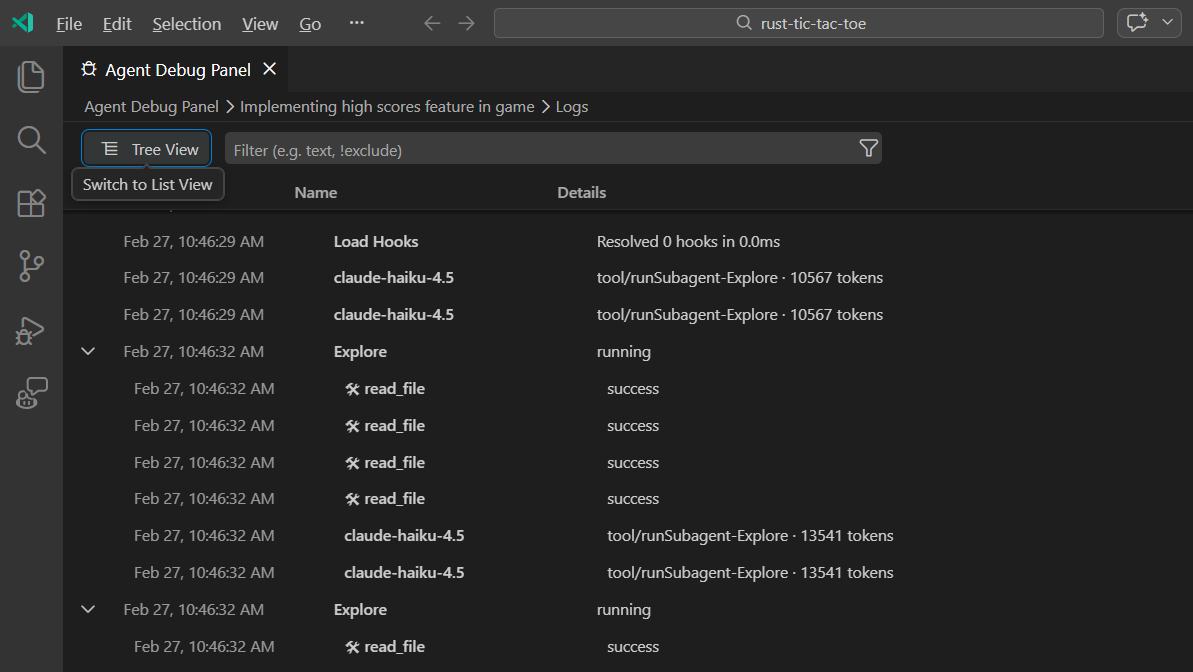 Screenshot showing the Agent Debug panel with a list of chat events and a chart view.