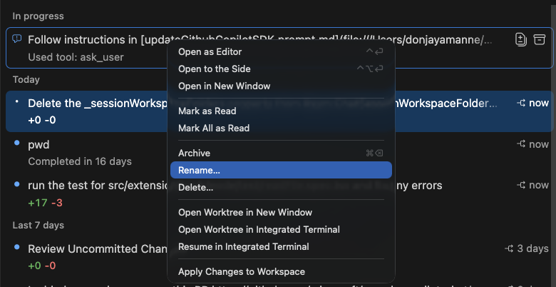 Screenshot showing support for renaming background agent sessions.