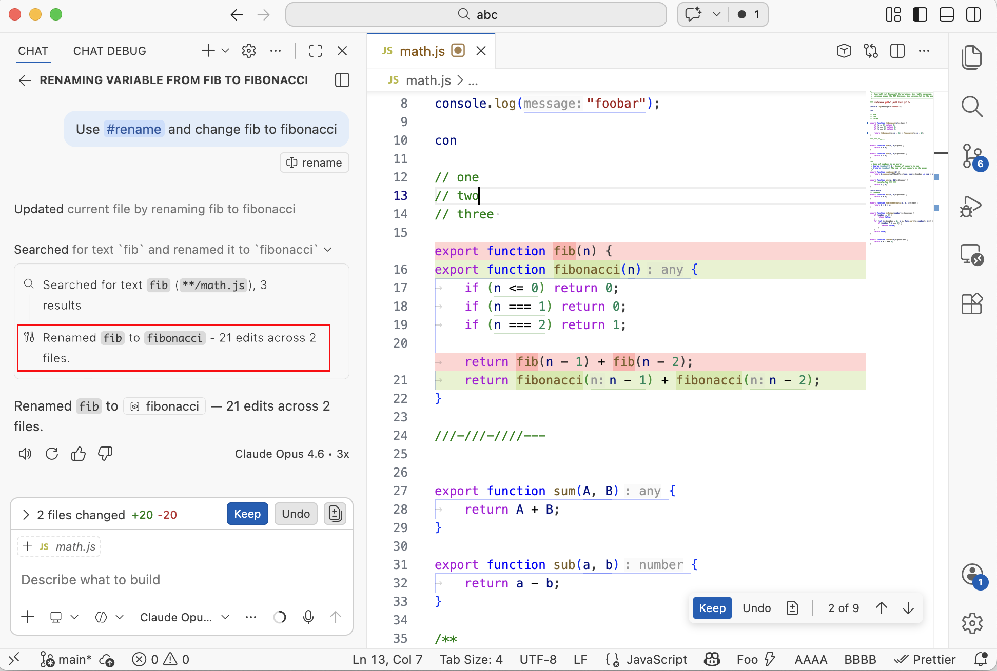 Screenshot showing the rename tool having changed all occurrences of the fib function.
