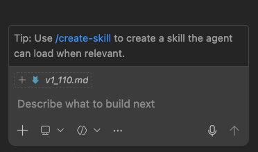 Screenshot showing a chat tip suggesting to use /create-skill to create a skill.