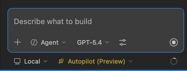 Screenshot showing the permissions picker in the Chat view with Default Approvals, Bypass Approvals, and Autopilot options.