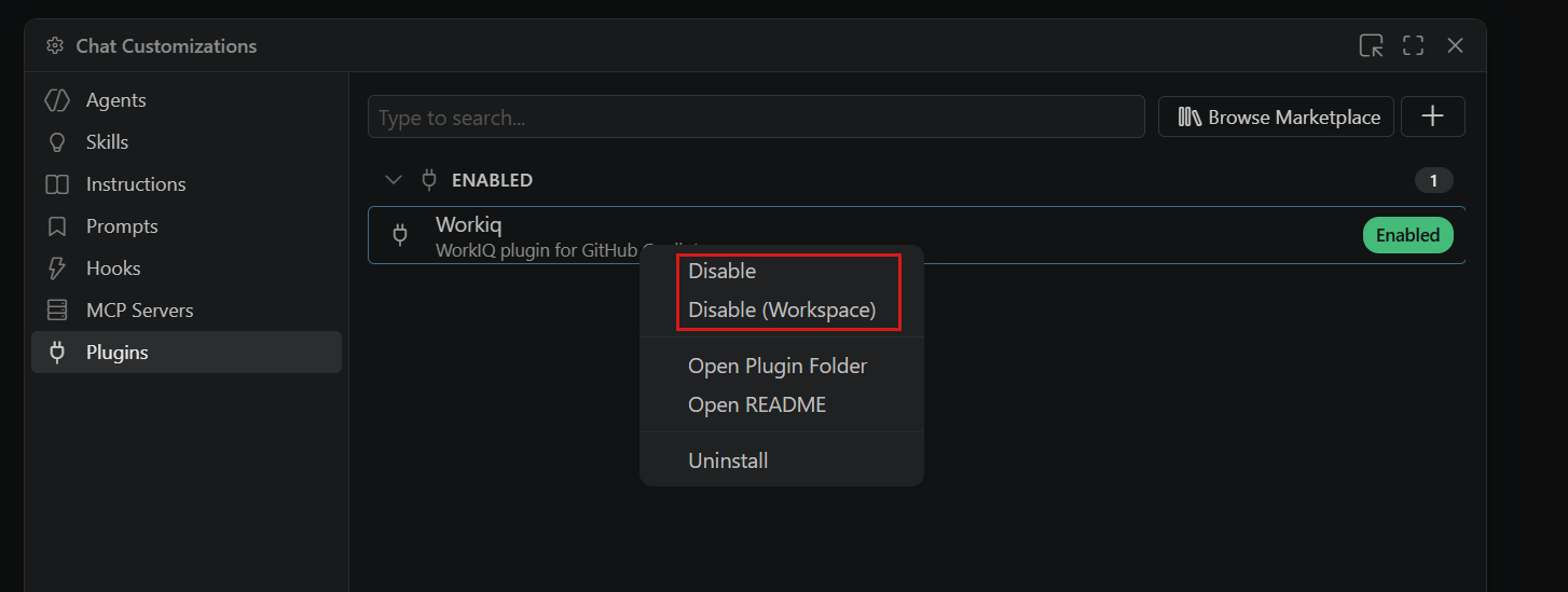 Screenshot showing the option to enable or disable a plugin from the Customizations view.
