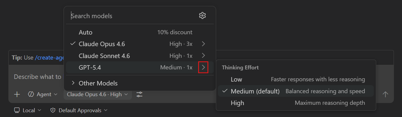 Screenshot showing the model picker with a Thinking Effort submenu displaying Low, Medium, and High effort levels for a reasoning model.