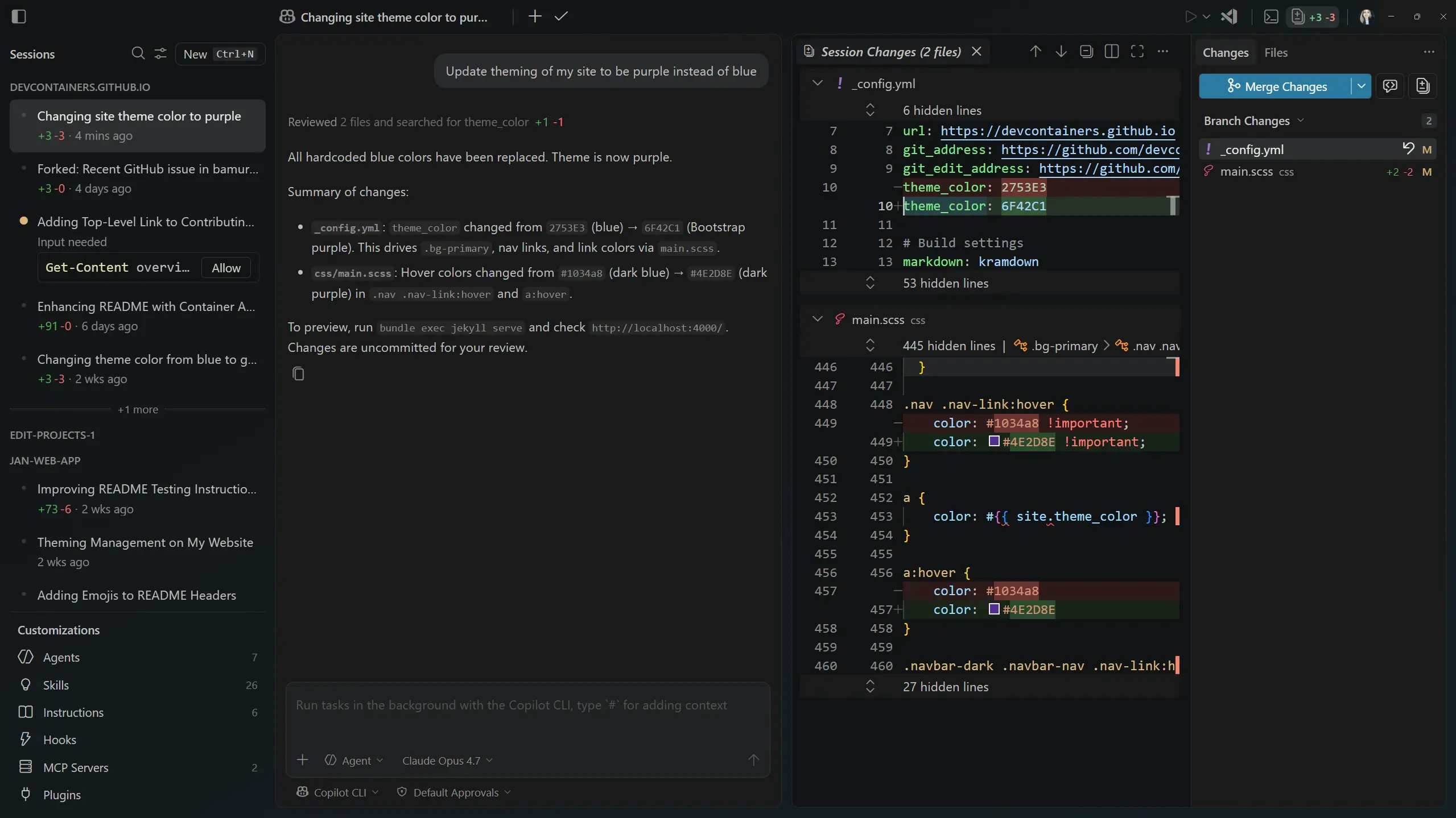 Screenshot of the VS Code Agents - Insiders app with proposed changes.