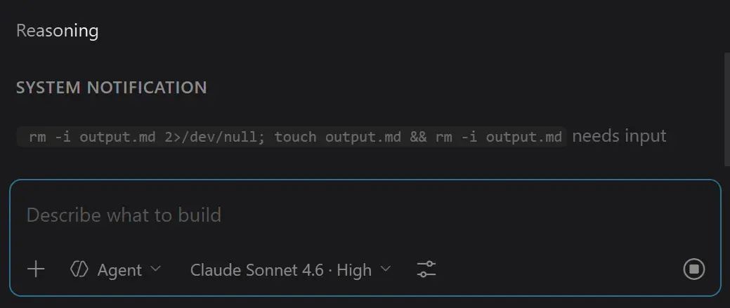 Screenshot of a system notification appearing in the chat response.