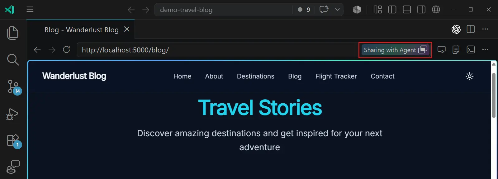 Screenshot showing the Sharing with Agent button in the browser.