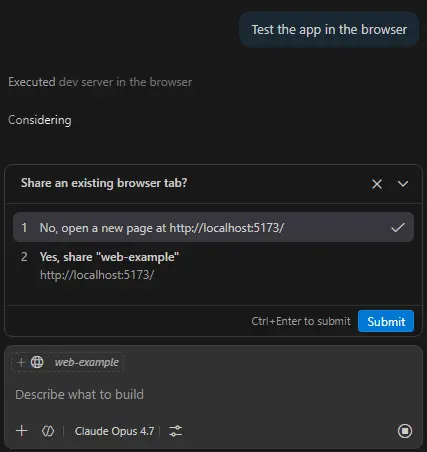 Screenshot showing a chat session where the user prompts to test the app in the browser and receives a prompt to share an existing tab.