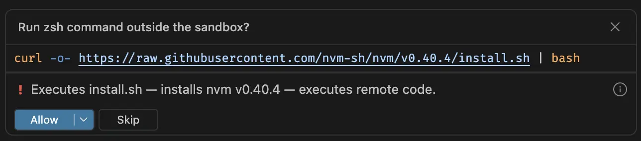 Screenshot showing a terminal command confirmation in chat with an AI-generated risk badge and explanation below the command.