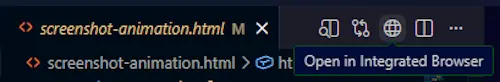 Screenshot showing the editor title bar with an HTML file open and an Open in Integrated Browser icon.