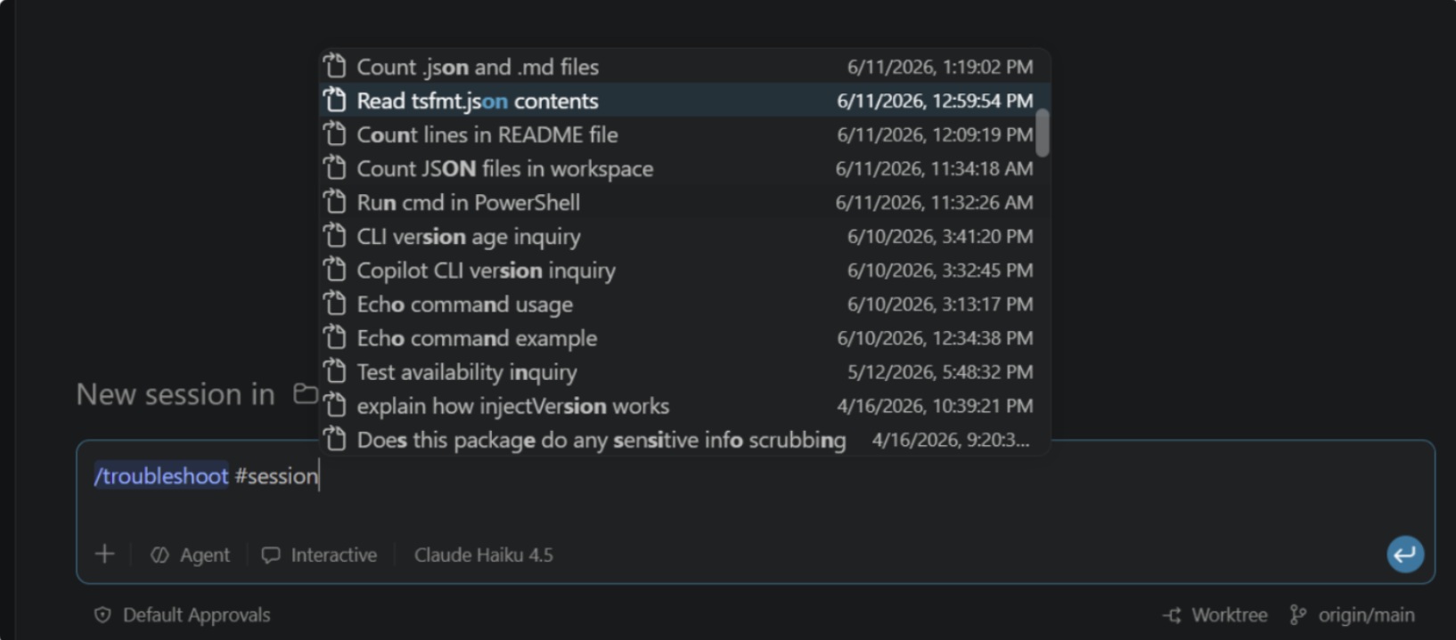Screenshot showing troubleshoot results for an agent host session in the Agents window.