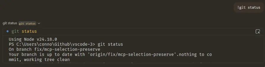 Screenshot showing running a terminal command from chat with the ! prefix.